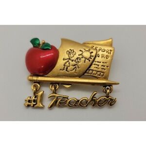 Vintage gold tone signed Danecraft dangle "#1 Teacher" w/apple papers brooch pin